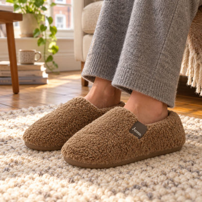 Plush Fleece Indoor Slippers with Non-Slip TPR Sole in Light Brown