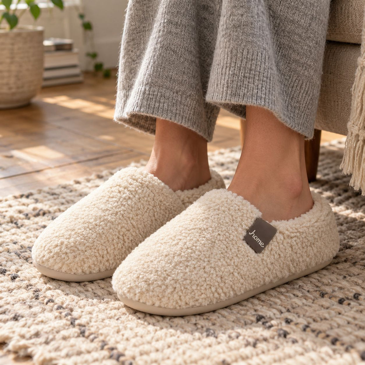Plush Fleece Indoor Slippers with Non-Slip TPR Sole in White