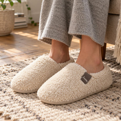 Plush Fleece Indoor Slippers with Non-Slip TPR Sole in White