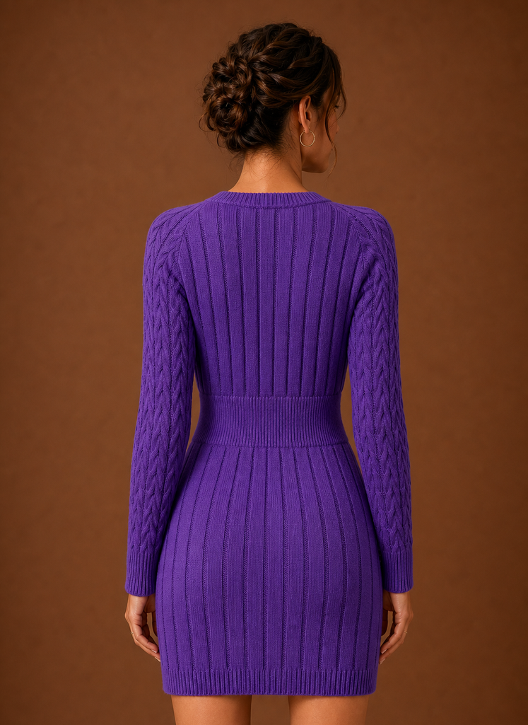 Cable Knit Sweater Mini Dress — Long Sleeve Women's Knit 15