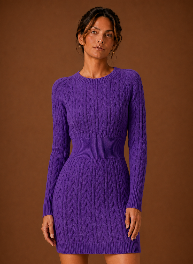 Cable Knit Sweater Mini Dress — Long Sleeve Women's Knit 13