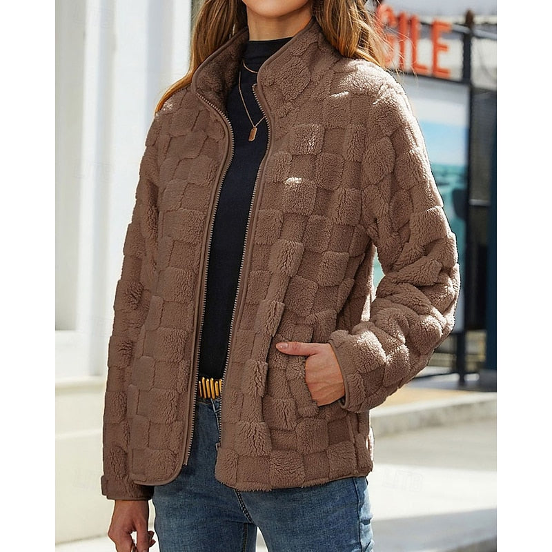 Checkerboard Fleece Jacket with Stand Collar — Relaxed Fit 3