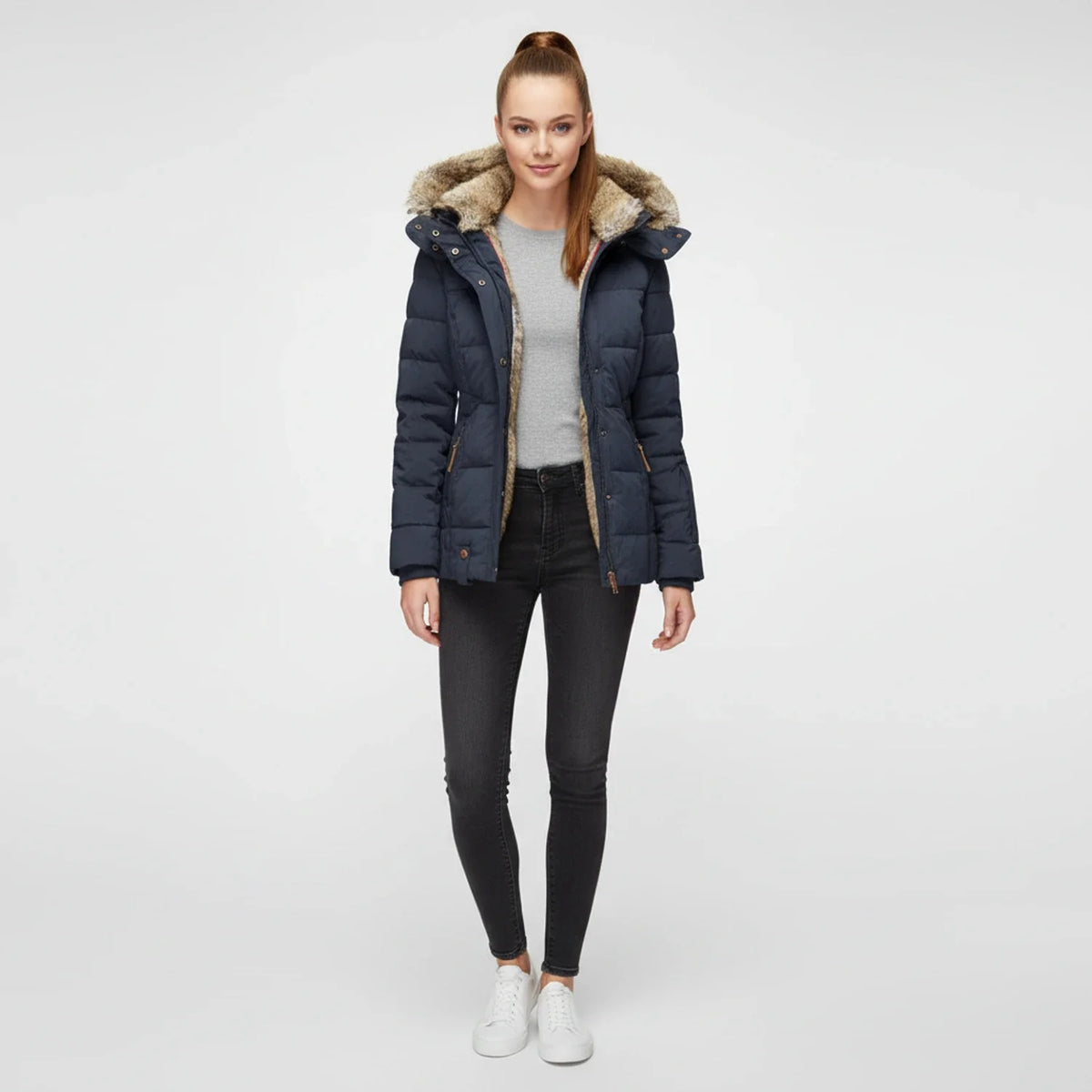 Women's Hooded Quilted Puffer Jacket — Faux Fur Trim 8