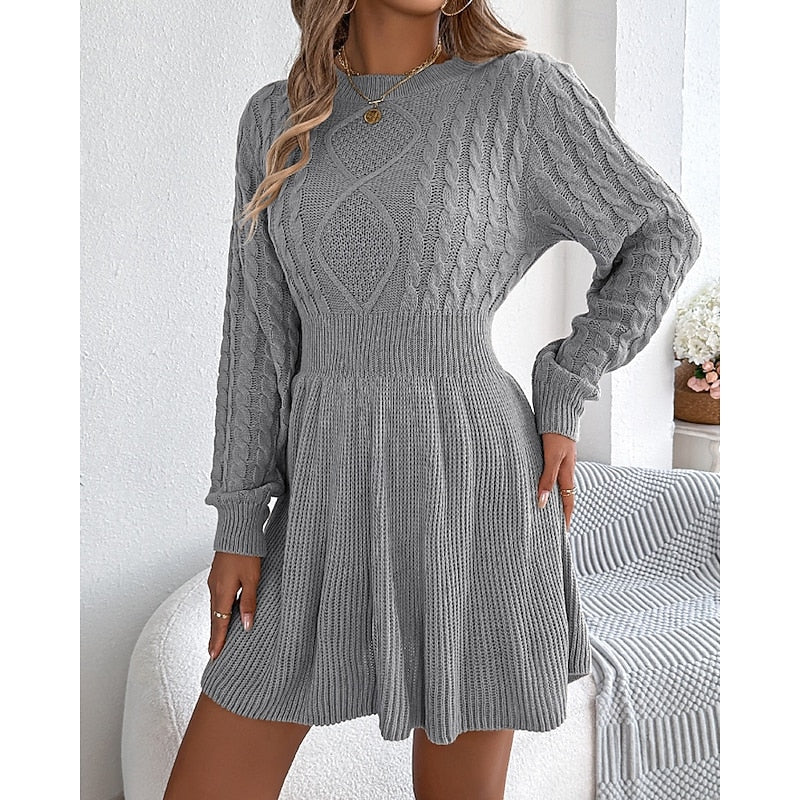 Cable Knit Sweater Dress — Fitted Waist & Flared Mini Skirt 3