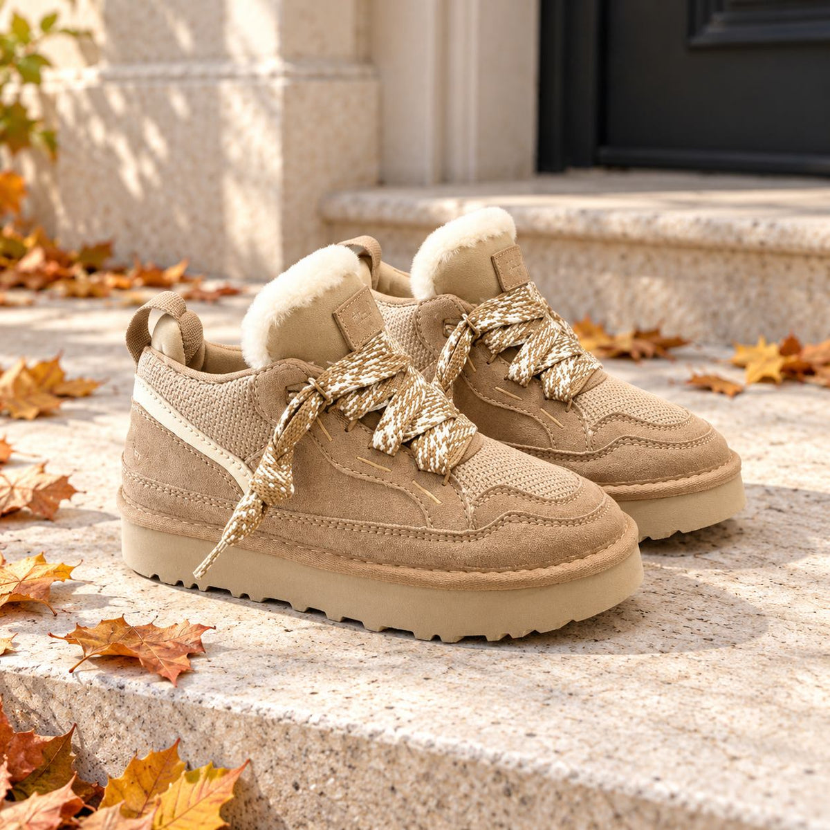 Lace-Up Snow Boots with Plush Lining in Sand