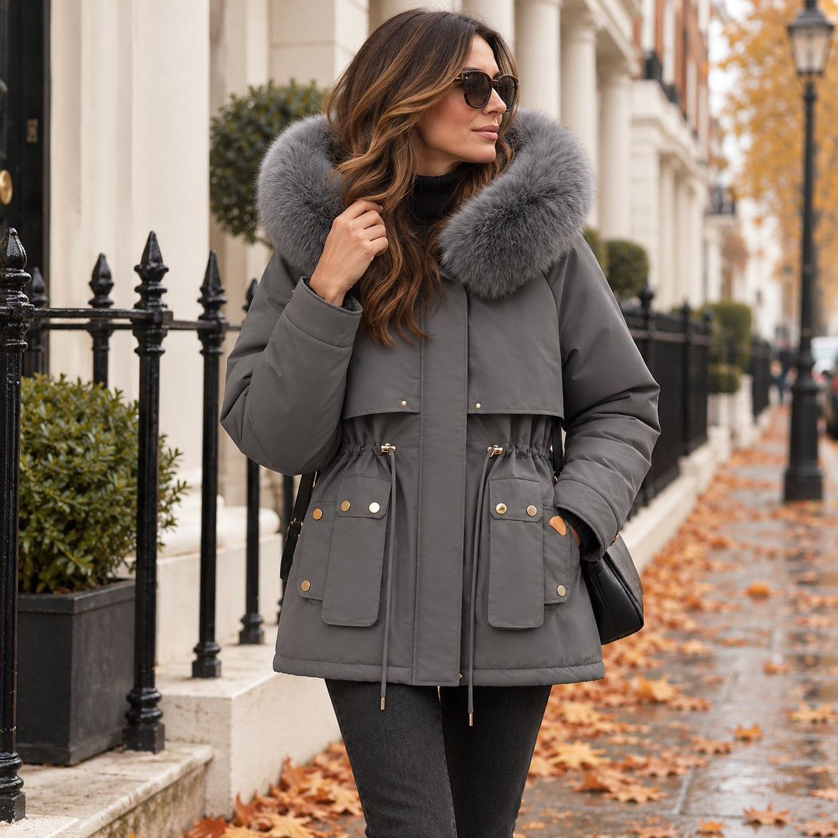 Short Parka Jacket with Faux Fur Hood & Padded Lining in Grey