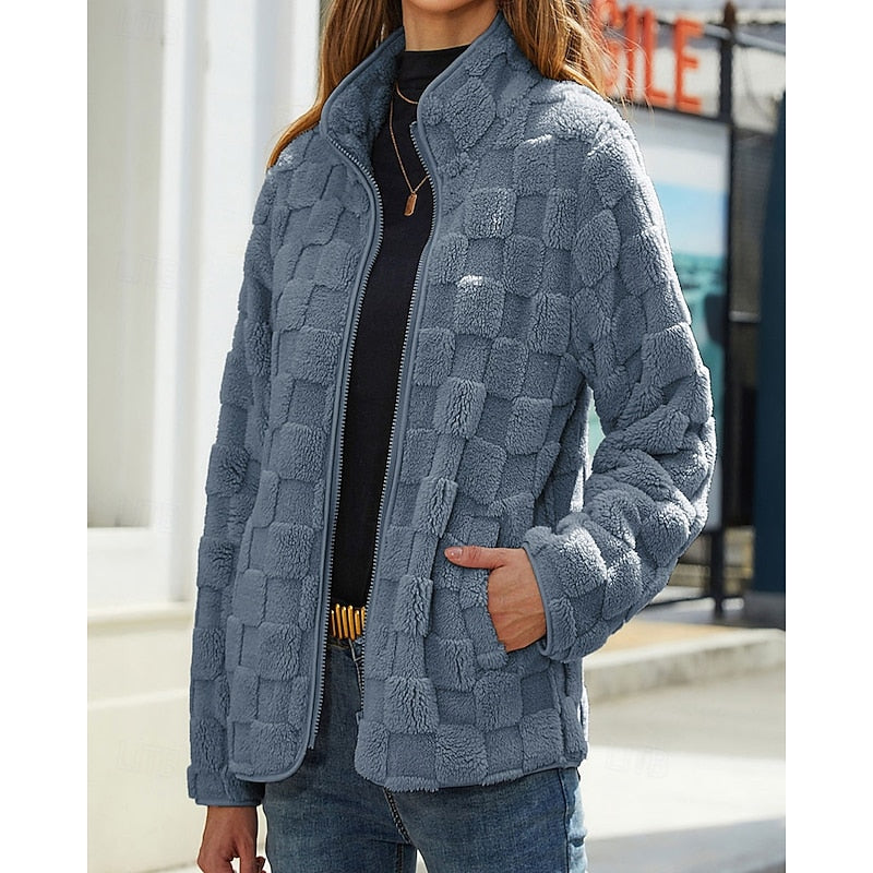 Checkerboard Fleece Jacket with Stand Collar — Relaxed Fit 4