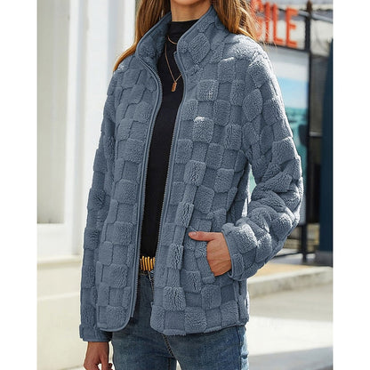 Checkerboard Fleece Jacket with Stand Collar — Relaxed Fit 4