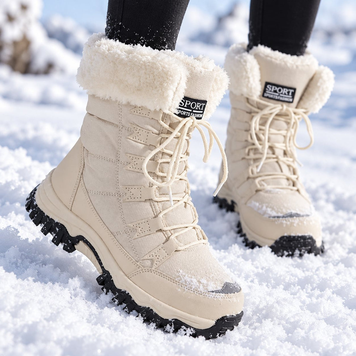 Beige waterproof winter boots with fur trim and grip sole, worn in fresh snow
