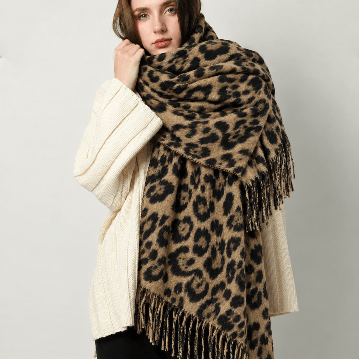Leopard Print Blanket Scarf — Women's Tasselled Wrap 5