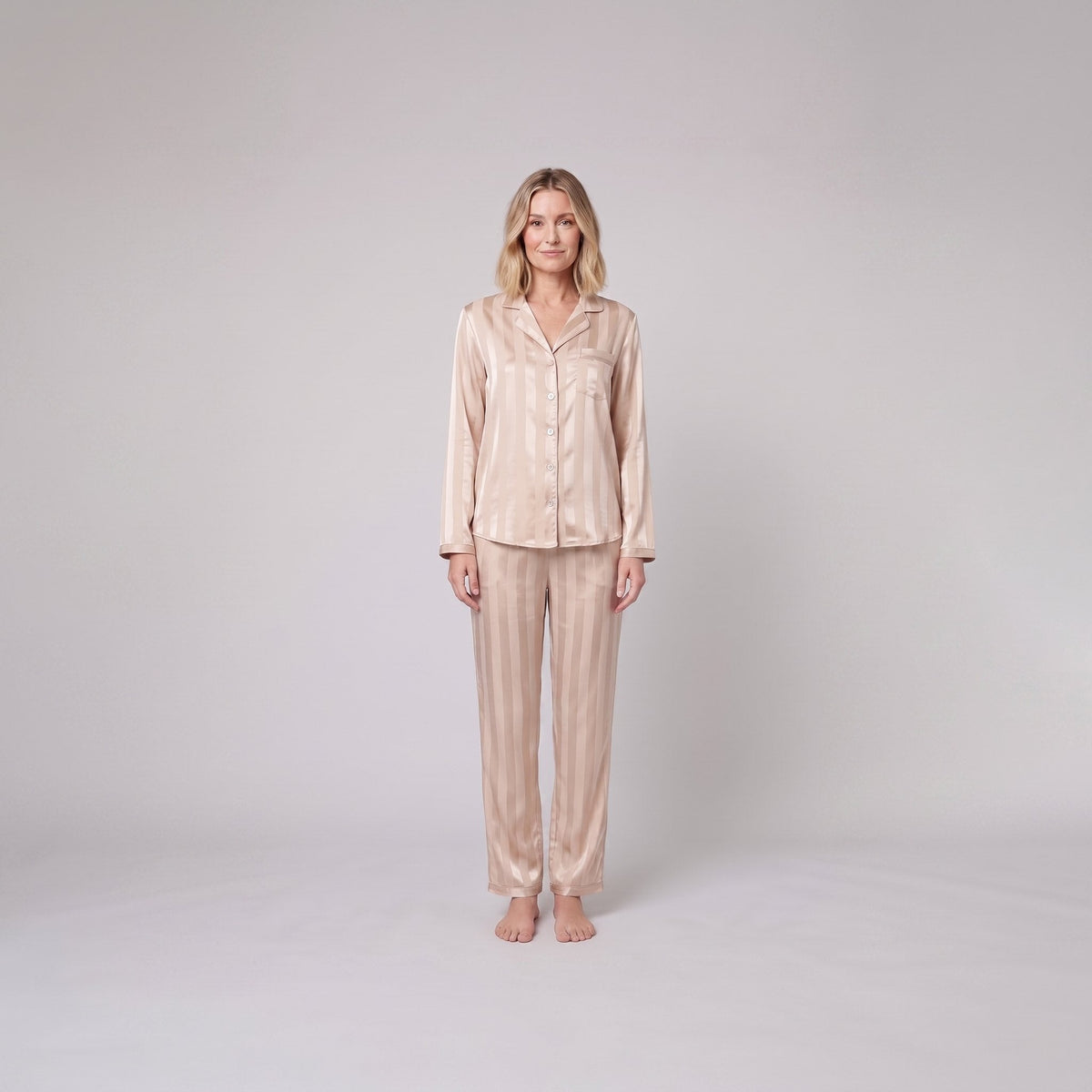 Women's Satin Striped Pajama Set — Button-Down Top & Pants 1