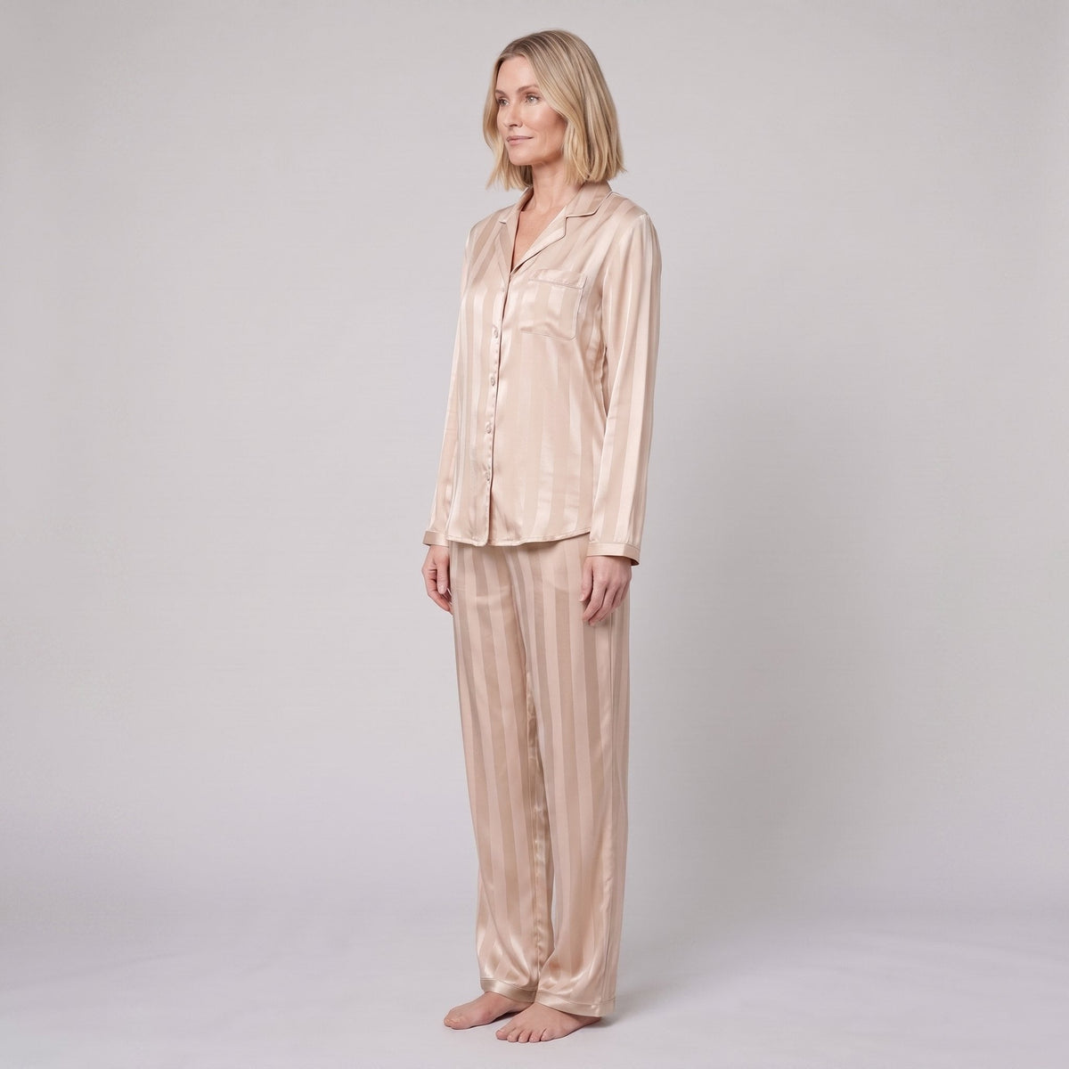 Women's Satin Striped Pajama Set — Button-Down Top & Pants 3