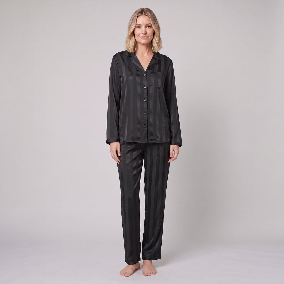 Women's Satin Striped Pajama Set — Button-Down Top & Pants 7