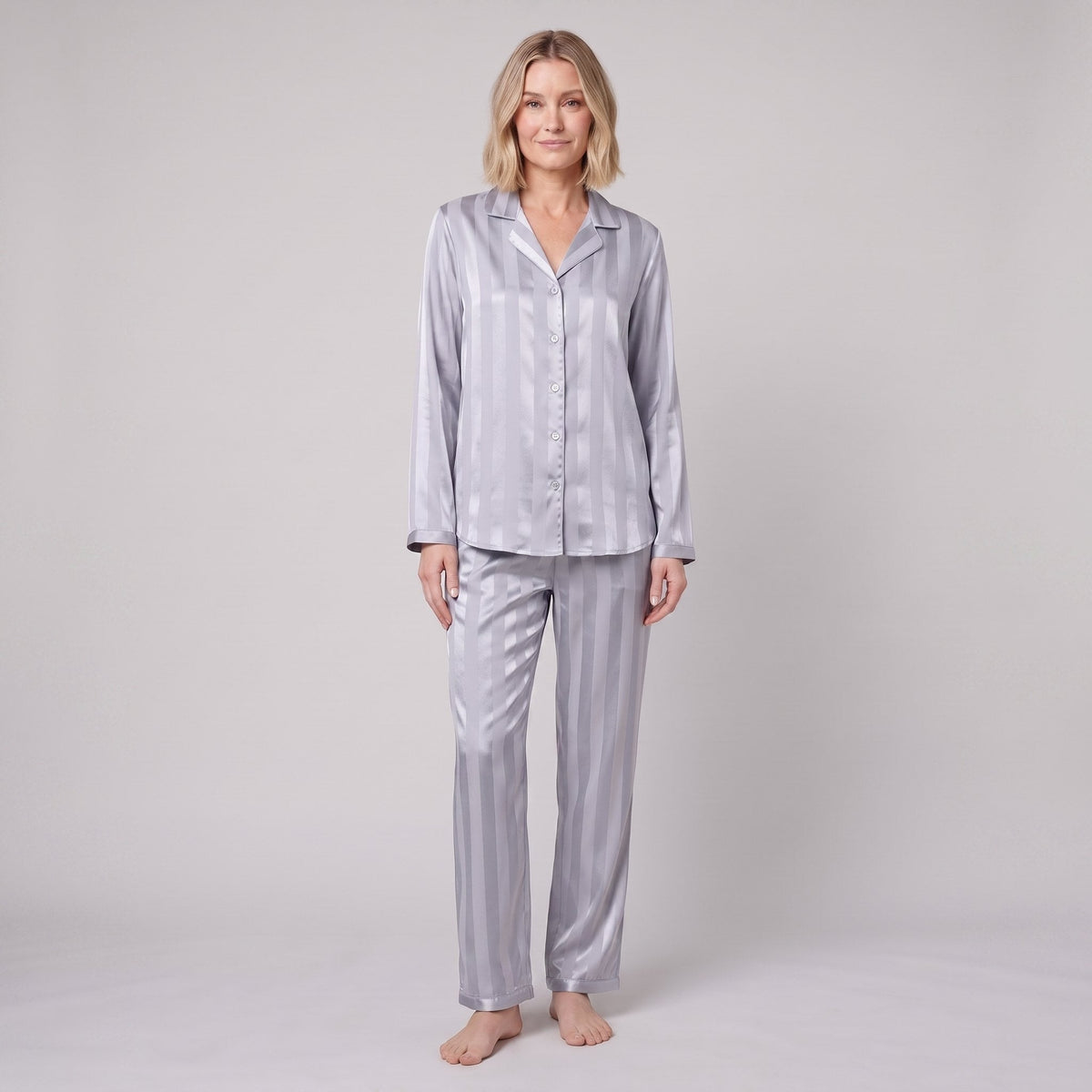 Women's Satin Striped Pajama Set — Button-Down Top & Pants 6