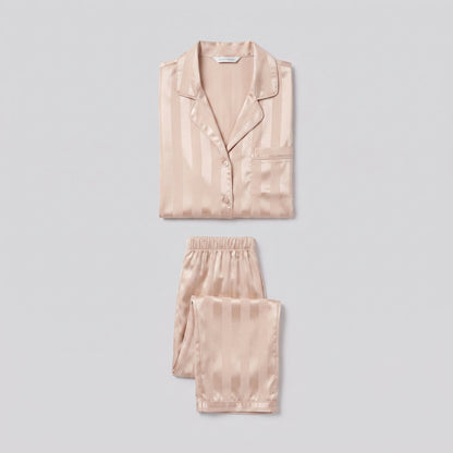 Women's Satin Striped Pajama Set — Button-Down Top & Pants 9