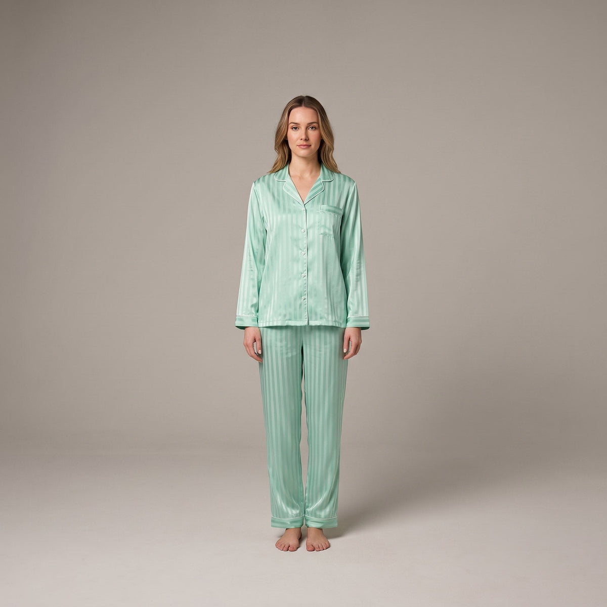 Women's Satin Striped Pajama Set — Button-Down Top & Pants 5
