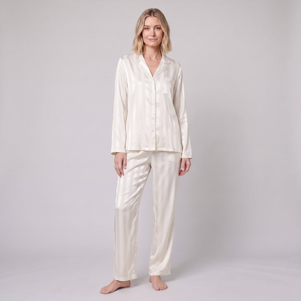 Women's Satin Striped Pajama Set — Button-Down Top & Pants 8