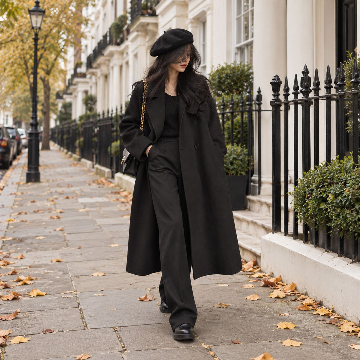 Long Single-Breasted Coat in Black