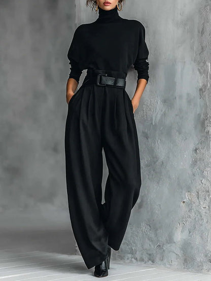 Women's Turtleneck Two-Piece Set — Belted Long Sleeve & Straight Pants 1