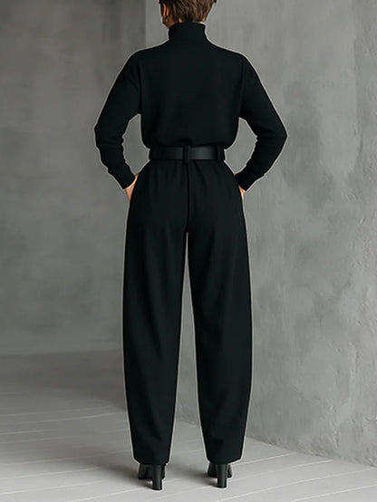 Women's Turtleneck Two-Piece Set — Belted Long Sleeve & Straight Pants 2