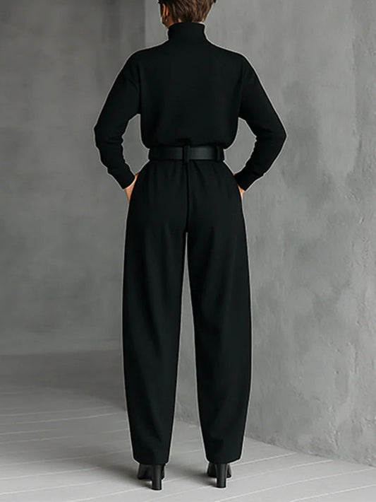 Women's Turtleneck Two-Piece Set — Belted Long Sleeve & Straight Pants 2