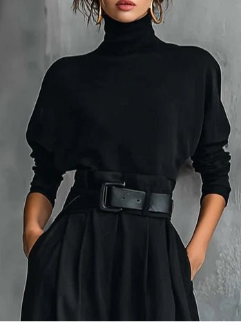 Women's Turtleneck Two-Piece Set — Belted Long Sleeve & Straight Pants 3