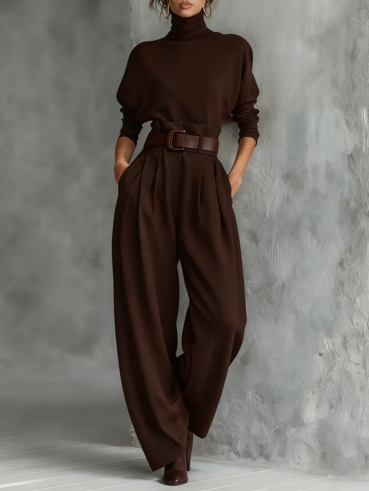 Women's Turtleneck Two-Piece Set — Belted Long Sleeve & Straight Pants 5
