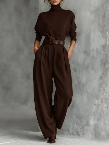 Women's Turtleneck Two-Piece Set — Belted Long Sleeve & Straight Pants 5
