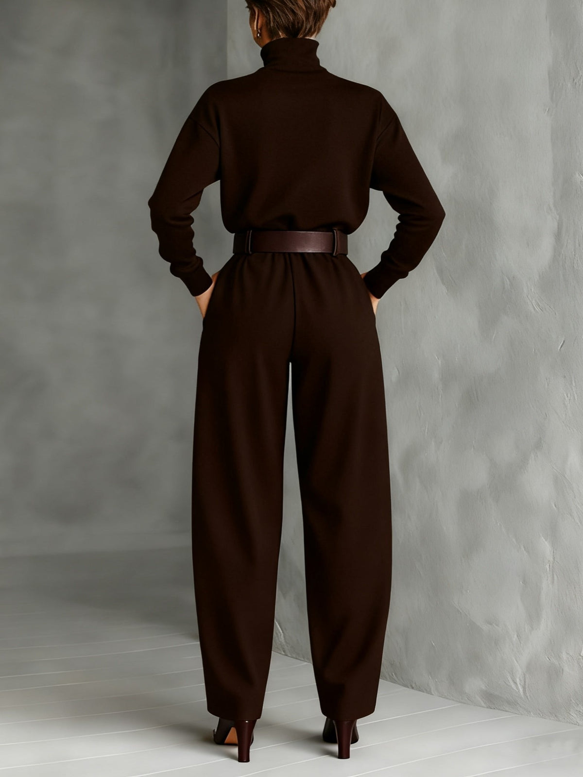 Women's Turtleneck Two-Piece Set — Belted Long Sleeve & Straight Pants 6