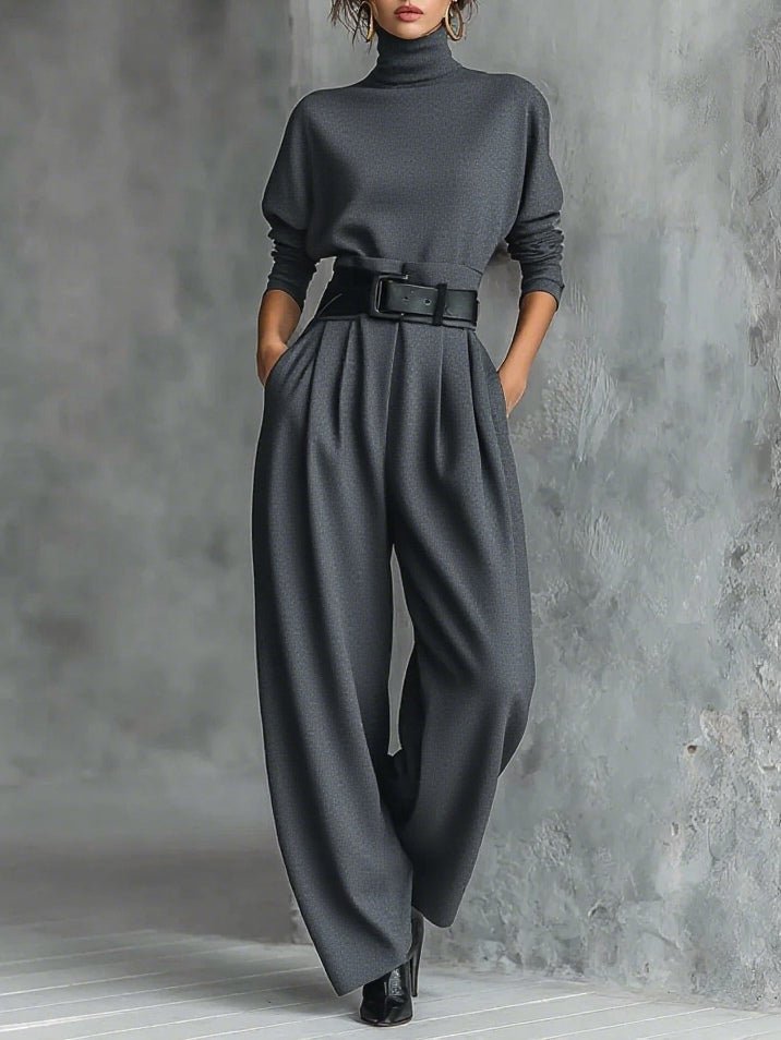 Women's Turtleneck Two-Piece Set — Belted Long Sleeve & Straight Pants 7