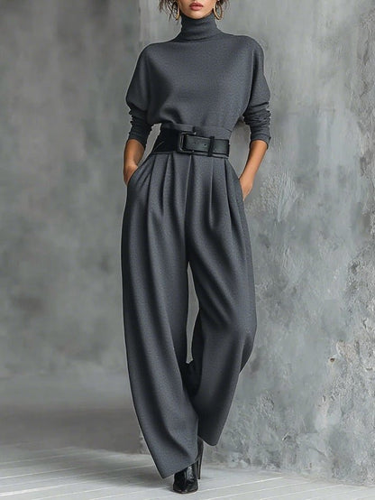 Women's Turtleneck Two-Piece Set — Belted Long Sleeve & Straight Pants 7