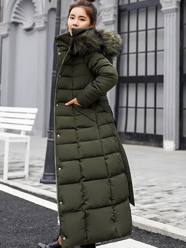 Women's Long Quilted Puffer Coat — Faux Fur Hooded Jacket 4