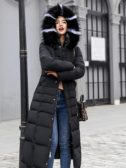 Women's Long Quilted Puffer Coat — Faux Fur Hooded Jacket 2