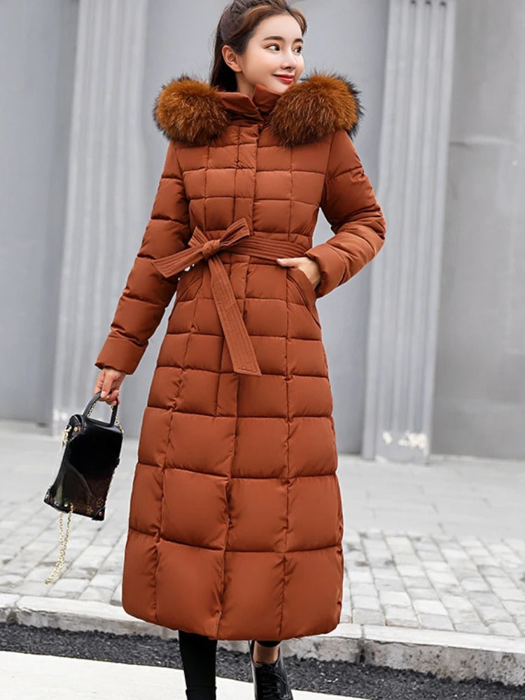 Women's Long Quilted Puffer Coat — Faux Fur Hooded Jacket 1