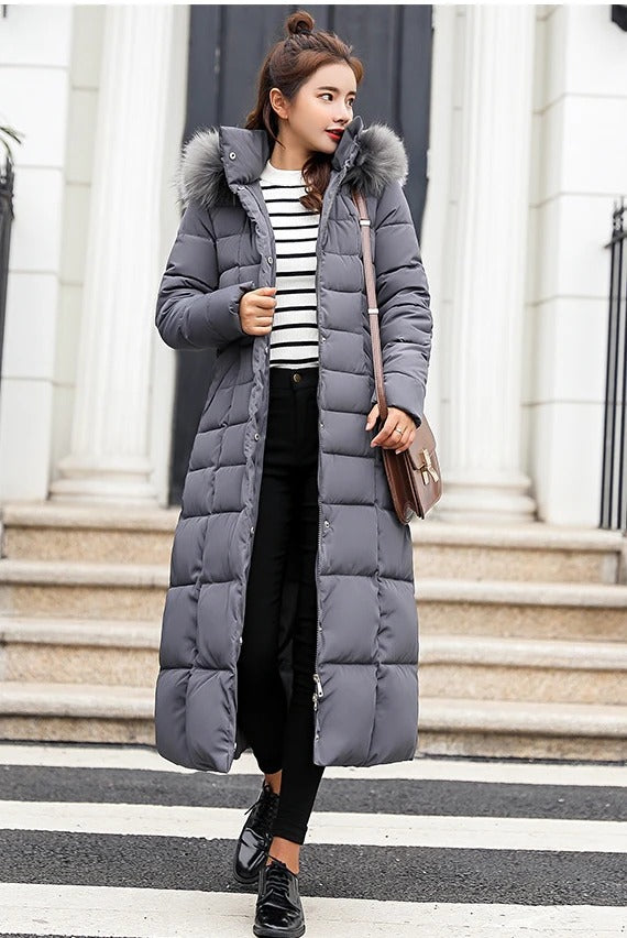 Women's Long Quilted Puffer Coat — Faux Fur Hooded Jacket 3