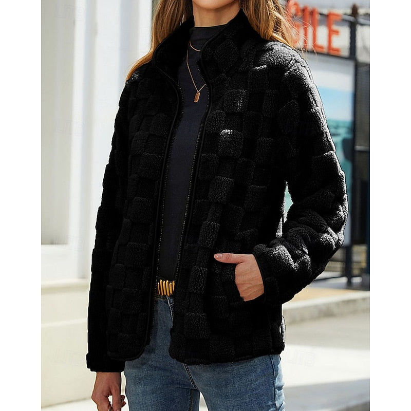 Checkerboard Fleece Jacket with Stand Collar — Relaxed Fit 6
