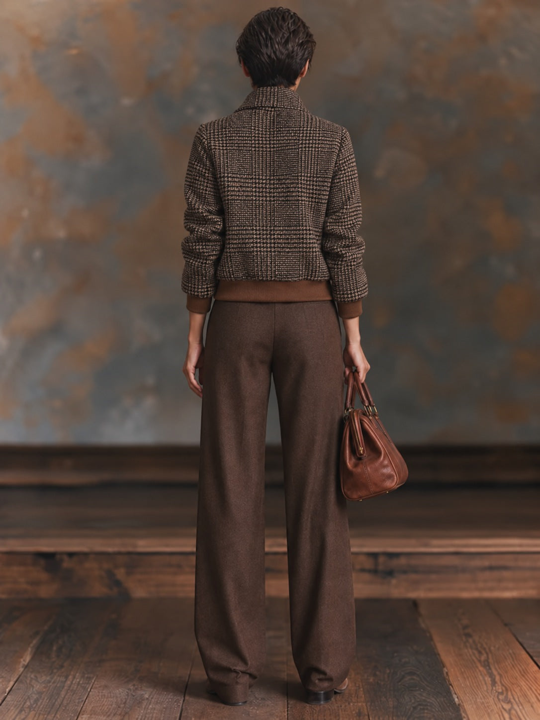 Vintage Plaid Button-Up Jacket with Stand Collar