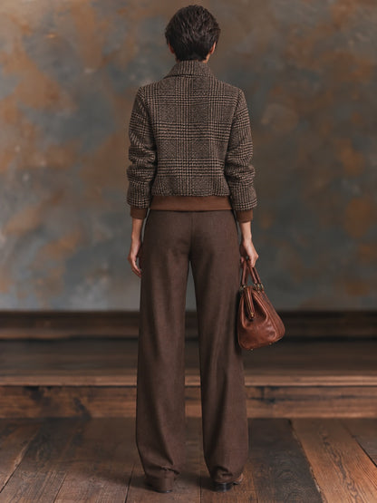 Vintage Plaid Button-Up Jacket with Stand Collar