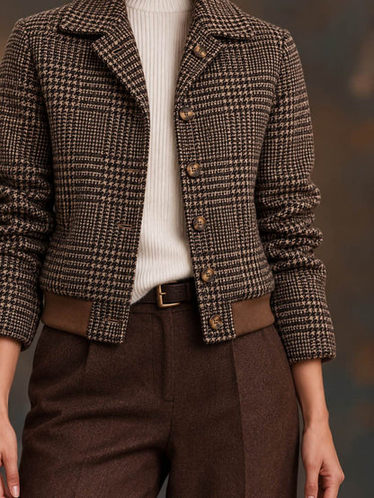Vintage Plaid Button-Up Jacket with Stand Collar