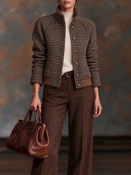 Vintage Plaid Button-Up Jacket with Stand Collar