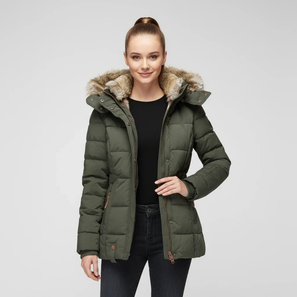 Women's Hooded Quilted Puffer Jacket — Faux Fur Trim 3