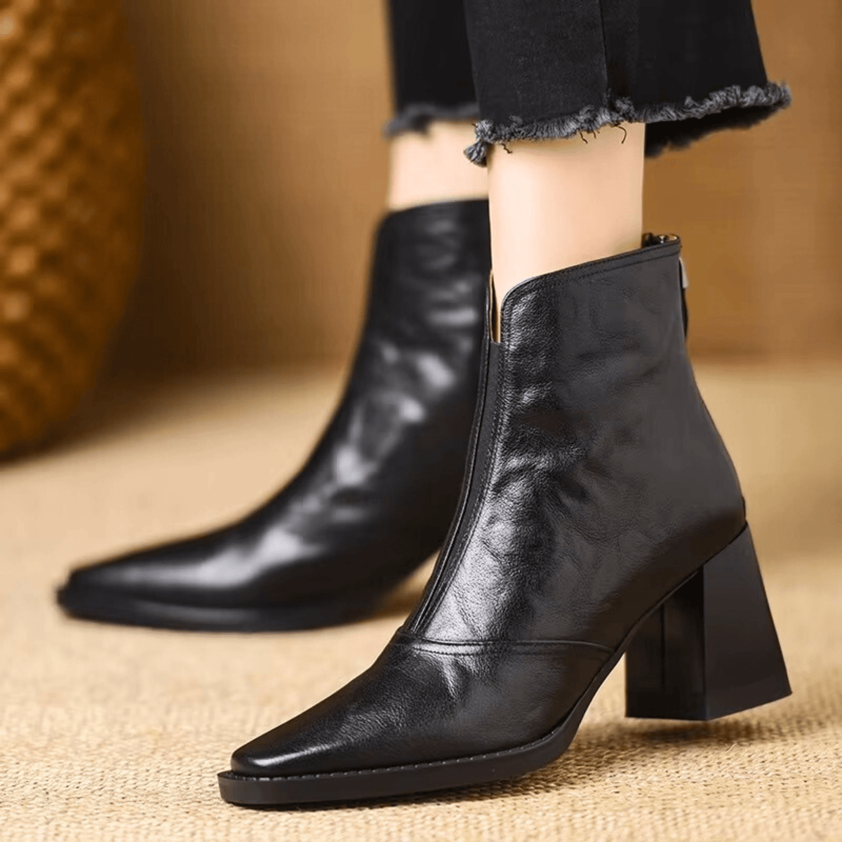 Ovelle Block Heel Leather Ankle Boot — Back-Zip Closure 7