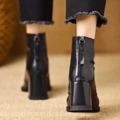 Ovelle Block Heel Leather Ankle Boot — Back-Zip Closure 9