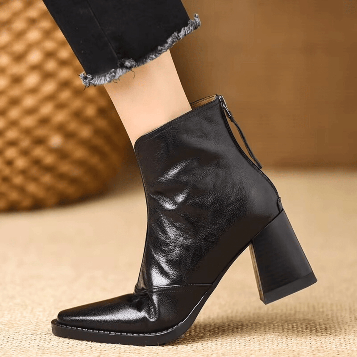 Ovelle Block Heel Leather Ankle Boot — Back-Zip Closure 6