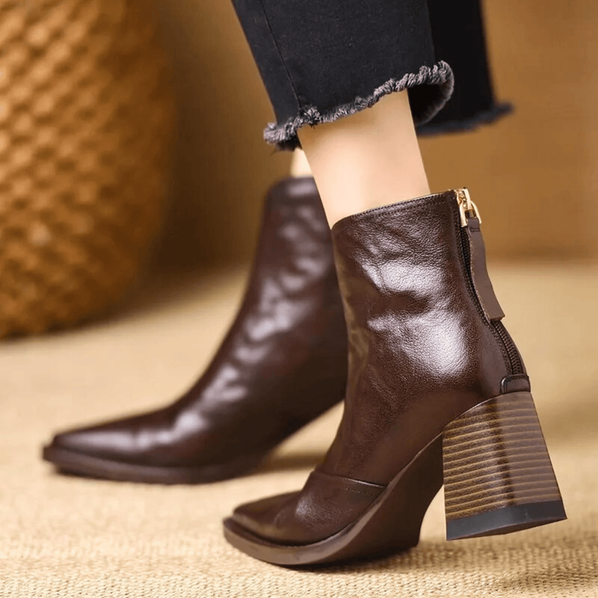 Ovelle Block Heel Leather Ankle Boot — Back-Zip Closure 4