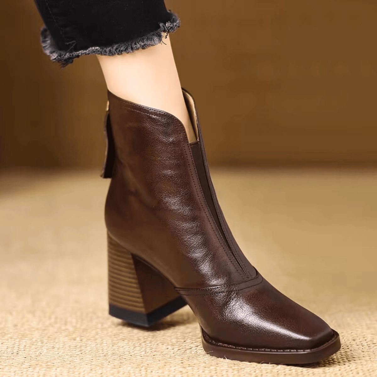 Ovelle Block Heel Leather Ankle Boot — Back-Zip Closure 1