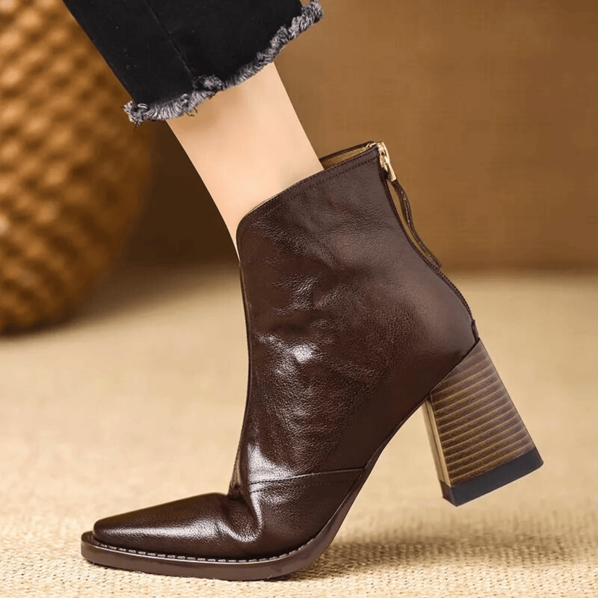 Ovelle Block Heel Leather Ankle Boot — Back-Zip Closure 3
