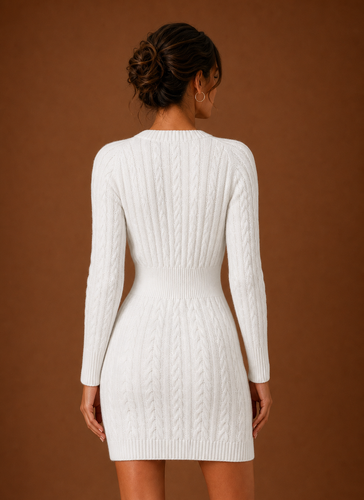 Cable Knit Sweater Mini Dress — Long Sleeve Women's Knit 11