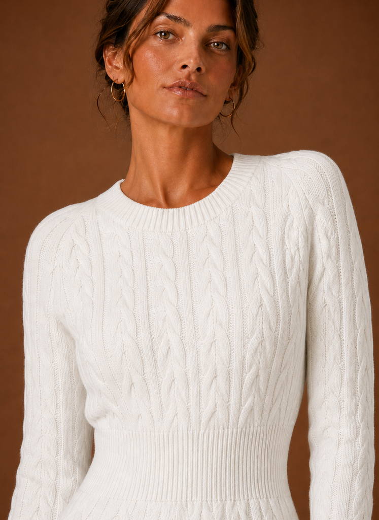 Cable Knit Sweater Mini Dress — Long Sleeve Women's Knit 12