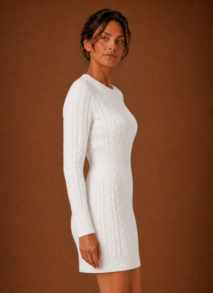 Cable Knit Sweater Mini Dress — Long Sleeve Women's Knit 10